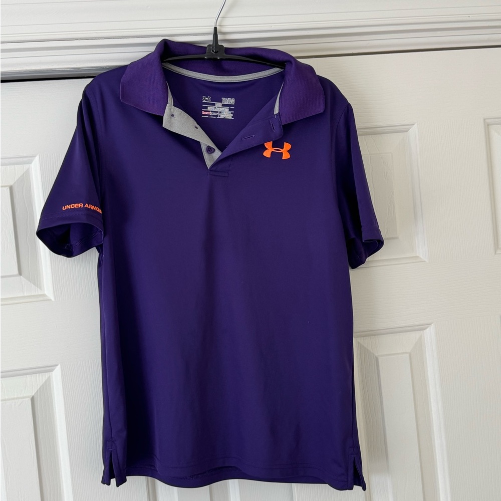 Boys Large Under Armour  Purple Polo with Orange Accents